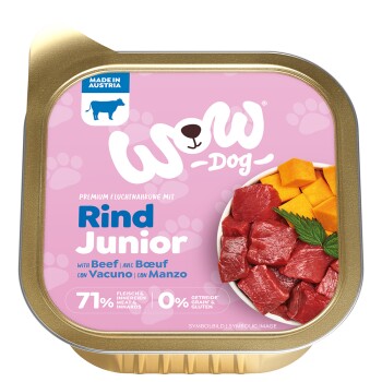 Pink etikettiertes Wow Dog Junior Nassfutter für Hunde mit Rind, 71 % Fleisch und Innereien, getreide- und glutenfrei, hergestellt in Österreich.